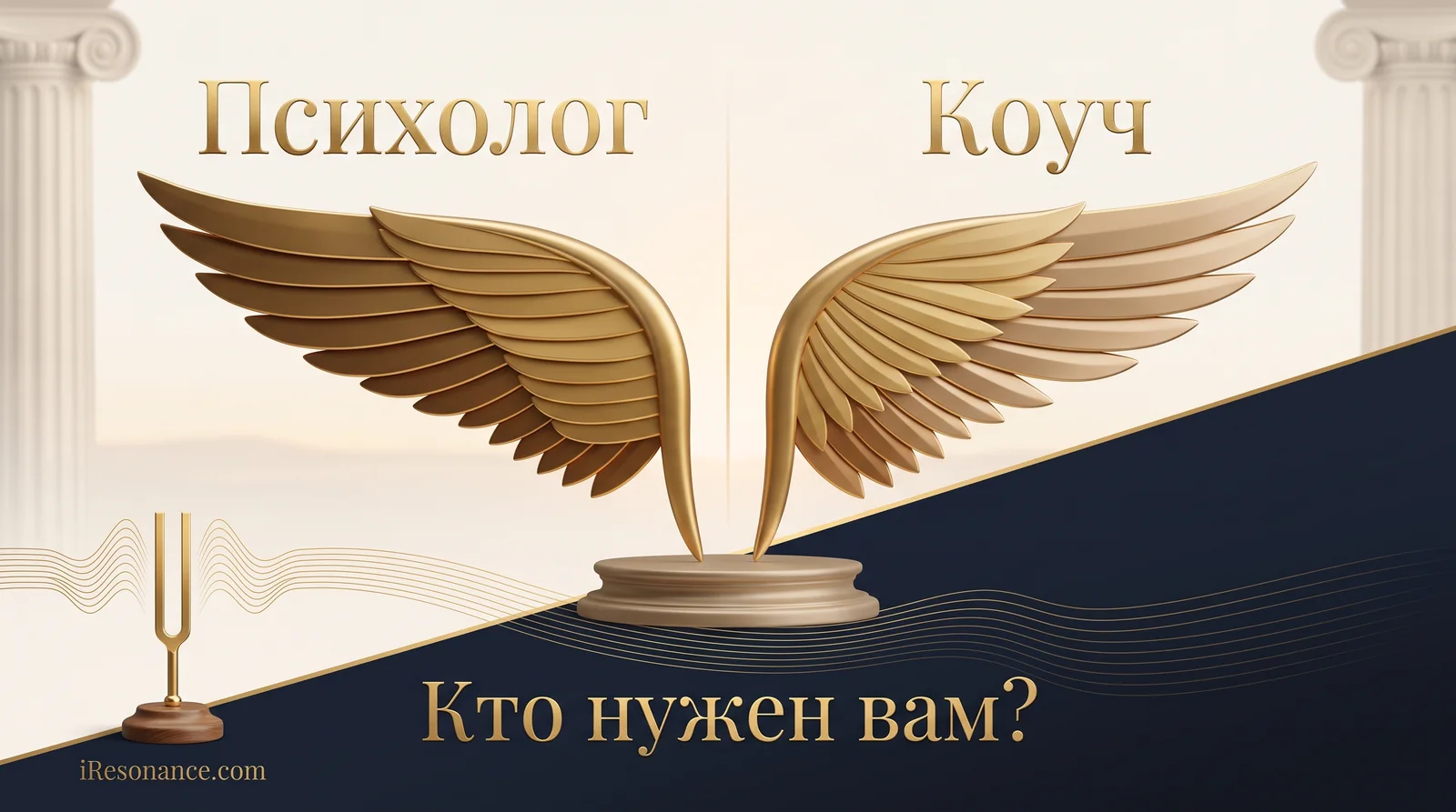 Чем отличается коуч от психолога – два золотых крыла на пьедестале как метафора двух подходов к работе с человеком
